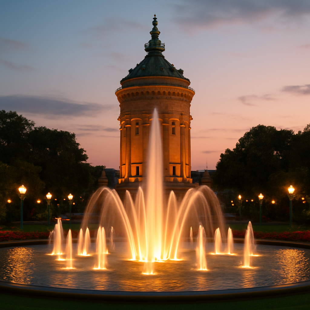 The Wasserturm at Friedrichsplatz, lit up after dark — Mannheim, Germany