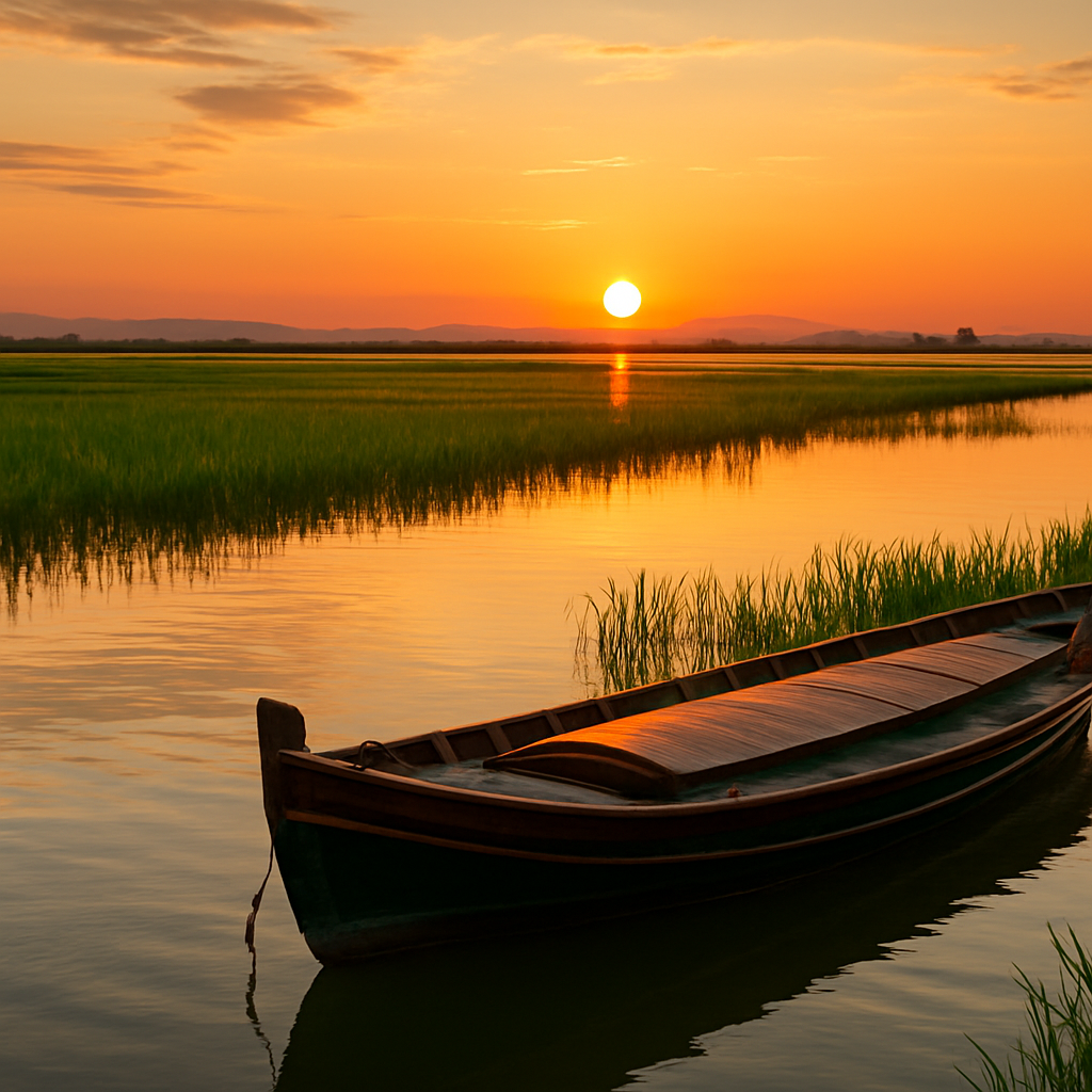 Sunset Barca Through the Albufera Rice Paddies — Valencia, Spain