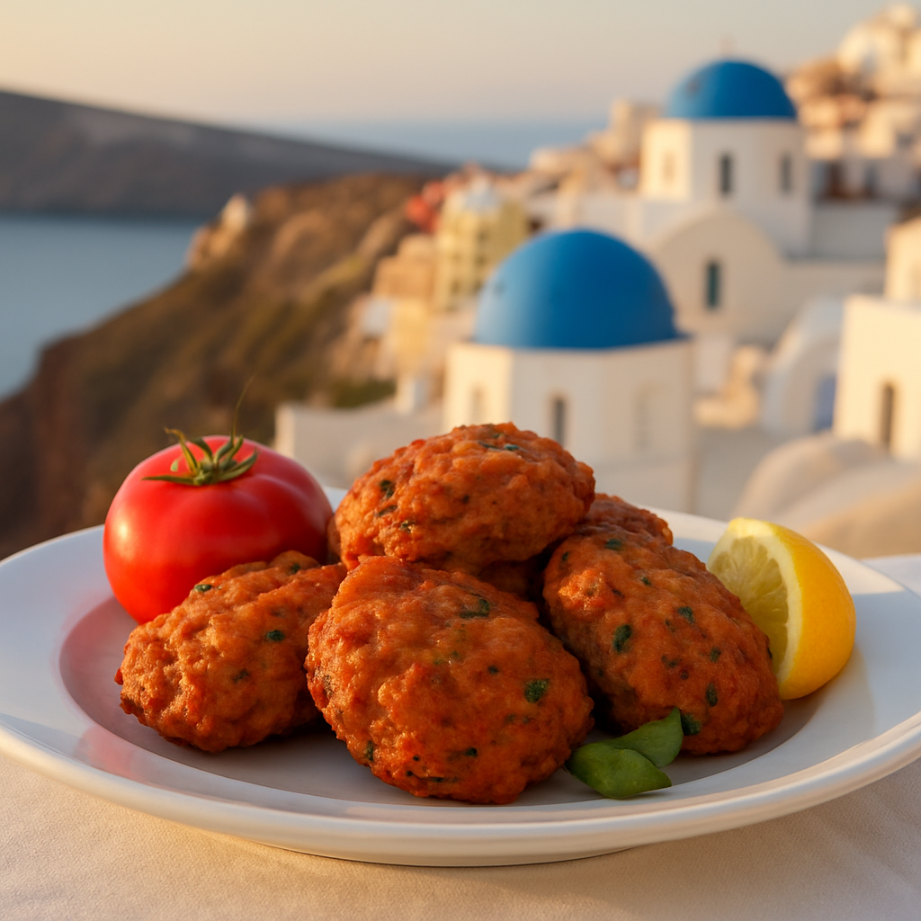 Domatokeftedes at a Traditional Taverna — Santorini, Greece