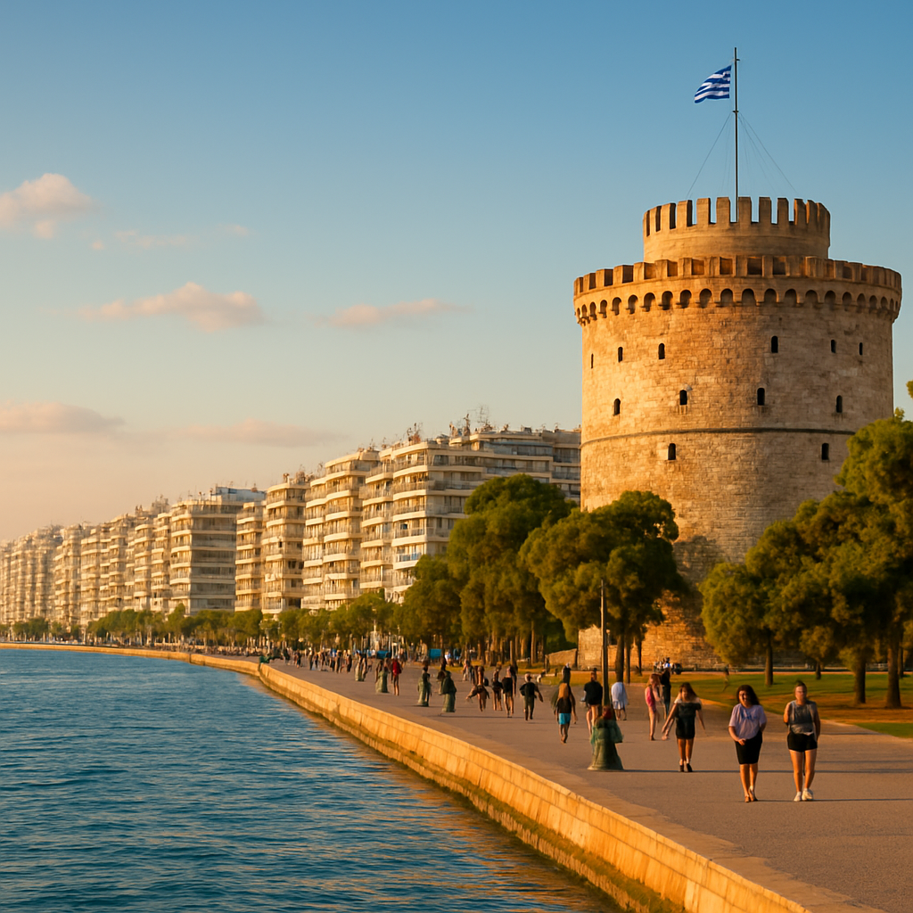 The White Tower to the Concert Hall at Sunset — Thessaloniki, Greece